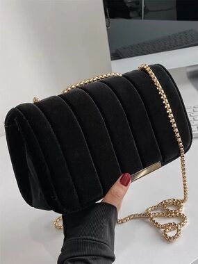 Black Quilted Velvet Chain Shoulder Bag